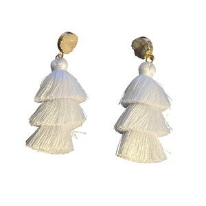 White Tassel Statement Earrings Druzy Stone Studs 3 Tiered Pierced Vacation 3"